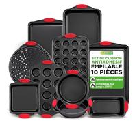 NutriChef Ensemble de 10 pièces de moules à pâtisserie en acier - Ensemble de plaques de cuisson en acier au carbone avec poignées en silicone rouges résistantes à la chaleur, sûr jusqu'à 450°F,