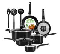 NutriChef Ensemble de casseroles et poêles 13 pièces antiadhésives, avec casserole, poêles, casseroles, couvercles, louche, fourchette, passoire, résistant à la chaleur, sans PFOA, noir