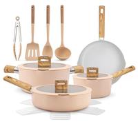 NutriChef Ensemble de Cuisine Céramique 14 Pièces Induction - Batterie de Cuisine Antiadhésive Aluminium Bec Verseur Couvercles en Verre Drainage Poignées Effet Bois Rose