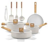 NutriChef Ensemble de Cuisine Céramique 14 Pièces Induction - Batterie de Cuisine Antiadhésive Aluminium Répartition Uniforme de la Chaleur Couvercles en Verre Poignées Toucher Froid blanc