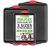 NutriChef Ensemble de Plaques de Cuisson - Plaques à Pâtisserie Antiadhésive - Plateau À Four de Haute Qualité - Ustensiles de Cuisson en Métal - Noir avec Poignées en Silicone Rouges