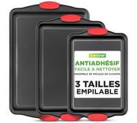 NutriChef Ensemble de Plaques de Cuisson - Plaques à Pâtisserie Antiadhésive - Plateau À Four de Haute Qualité - Ustensiles de Cuisson en Métal - Noir avec Poignées en Silicone Rouges