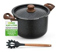 NutriChef Faitout Antiadhésif 4,7L avec Égouttoir Intégré et Poignées Froides | Marmite avec Couvercle Passoire et Accessoire | Ustensile de Cuisine Tout Feux Dont Induction - Noir Marbré Noir