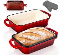 NutriChef Faitout en fonte émaillée avec couvercle et gants en silicone pour la fabrication du pain, 23 x 13 cm, rouge