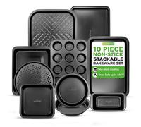 Nutrichef Lot de 10 plaques de cuisson antiadhésives pour four, plaques à biscuits, plaques à biscuits, carrées, rondes, en acier carbone, pour pain, pizza, cupcakes, passent au lave-vaisselle, noir