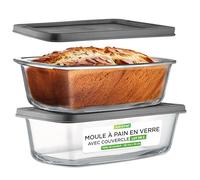 Nutrichef - Lot de 2 Moules à Cake/Moules à Pain en Verre avec Couvercles Hermétiques - Environ 1,8 L par Moule - Récipients en Verre Sans BPA, Empilables, Compatibles Four et Congélateur