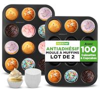 NutriChef Lot de 2 Plaques à Muffins 12 cups - Acier Empilable, Compatible Lave-Vaisselle et Four, 100 Caissettes Incluses, Noir