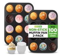Nutrichef Lot de 2 plateaux à muffins pour 12 cupcakes, passent au lave-vaisselle, plateau à pudding, moule à muffins antiadhésif, moules de cuisson ronds, moules à muffins, moules à muffins