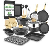 NutriChef Lot de 22 poêles et casseroles en marbre noir - Batterie de cuisine antiadhésive - Aspect marbre - Avec pince à barbecue, ustensiles de cuisine, moule et gants de four - Compatible induction