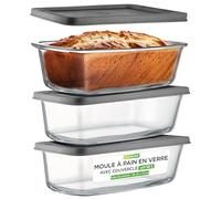 Nutrichef - Lot de 3 Moules à Cake/Moules à Pain en Verre avec Couvercles Hermétiques - 1,8 L par Moule - Récipients en Verre Sans BPA, Empilables, Compatibles Four et Congélateur