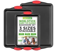 NutriChef Lot de 3 plaques de cuisson antiadhésives pour four en acier carbone avec poignées en silicone empilables pour biscuits, gâteaux