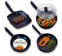 NutriChef Lot de 3 Poêles + 1 Wok Céramique Antiadhésif avec Couvercle en Verre - Compatible Toutes Plaques Dont Induction - Sans PTFE PFOA PFOS Résistant aux Taches Diamant Bleu