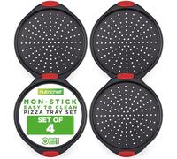 Nutrichef Lot de 4 plaques à pizza antiadhésives avec poignées en silicone, moules ronds en acier anti-adhésif avec trous perforés, ustensiles de cuisson de qualité supérieure, plateaux à pizza avec