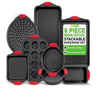 NutriChef Lot de 8 plaques de cuisson antiadhésives, empilables, passent au four, plaque à biscuits, pain, pizza, muffins, gâteaux, moules ronds et carrés, plateaux antiadhésifs avec poignées en