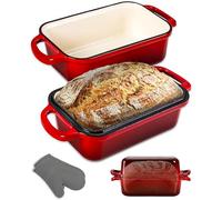 NutriChef Moule à Pain en Fonte Émaillée avec Couvercle - Cocotte Rectangulaire Dutch Oven pour Pain Levain, Double Moule Réversible, Four 260°C, Gants Silicone, Lasagne, Ragoût, Cake, 23x13 cm