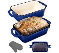 NutriChef Moule à Pain en Fonte Émaillée avec Couvercle - Cocotte Rectangulaire Dutch Oven pour Pain Levain, Double Moule Réversible, Four 260°C, Gants Silicone, Lasagne, Ragoût, Cake, 23x13 cm