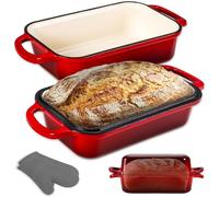 NutriChef Moule à Pain en Fonte Émaillée avec Couvercle - Cocotte Rectangulaire Dutch Oven pour Pain Levain, Double Moule Réversible, Four 260°C, Gants Silicone, Lasagne, Ragoût, Cake, 23x13 cm