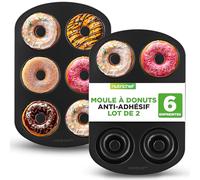 Nutrichef Moules à Donuts 6 pcs - Antiadhésifs, Acier Durable, Compatible Four 230 °C, Parfaits Donuts & Bagels, Set 2 pièces, Noir