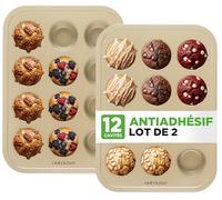 NutriChef Moules à Muffins, Pâtisserie pour Cuisson, Plaque à Cupcakes Antiadhésive, Moule Muffin, 2 Pièces avec 12 Cavités, Plateau Empilable en Acier au Carbone, Compatible Lave, Vaisselle, Doré