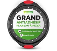 NutriChef Plaque à Pizza Antiadhésive - avec Poignée en Silicone, Pan Rond en Acier Non-adhésif avec Trous Perforés, Ustensiles de Cuisine de Qualité, Plaque à Pizza avec Poignée Silicone et Poignée
