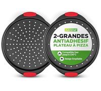 NutriChef Plaque Pizza, Moule à Pizza Antiadhésif, Plat Rond en Acier Perforé avec Bords en Silicone, Compatible Four, Passe au Lave-vaisselle, Noir