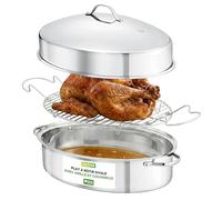 NutriChef Plat Four de Rôtissage Ovale51 cm avec Grille et Couvercle - Plat Inox en Acier Inoxydable de Haute Qualité avec Poignées Larges et Grille Amovible-Cocotte, Silver