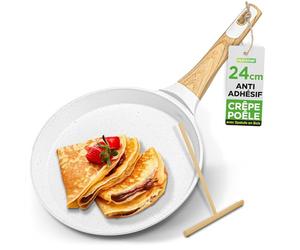 Nutrichef Poêle à Crêpes Antiadhésive 24 cm-Crêpière Induction avec Répartiteur en Bois,Poêle à Pancakes avec Revêtement Marbre Crème,Tous Feux Dont Induction,Sans PFOA/PFOS,Compatible lave-vaisselle