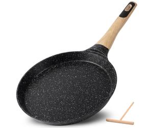 Nutrichef Poêle à Crêpes Antiadhésive 24 cm -Crêpière Induction avec Répartiteur en Bois,Poêle à Pancakes avec Revêtement Marbre Noire,Tous Feux Dont Induction,Sans PFOA/PFOS,Compatible lave-vaisselle