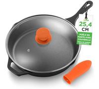 NutriChef Poêle en Fonte 10" Pré-Assaisonnée - Antiadhésive avec Couvercle et Poignée Silicone Compatible Four et Gaz, Bord Verseur, Cuisson Uniforme, Noir