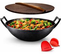 NutriChef Poêle en fonte de 30 cm - Poêle wok induction avec couvercle - Poêle en fonte pour tous types de feux - Passe au four - Non revêtue - Effet antiadhésif - Poêle profonde avec poignées