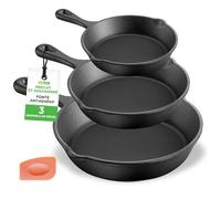 NutriChef Poêles en Fonte 3 Pièces Pré-assaisonnées - Antiadhésif Naturel Cuisson Saine, Induction Tous Feux, Bec Verseur