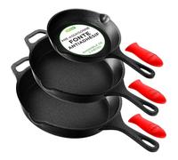 NutriChef Poêles en Fonte Induction 3 Pièces - Set de Poêles à Frire Pré-Assaisonnées avec Culottage, Tous Feux, Becs Verseurs, Poignées Silicone, Four 260 °C, 20, 25 et 30 cm, Noir