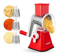 Nutrichef Râpe à Fromage 3 en 1 avec Base à Succion Forte - Râpeuse Rotative Manuelle avec Verrou de Sécurité, Manivelle et 3 Lames Tambour pour Râpage Fin, Moyen et en Bandes