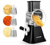 Nutrichef Râpe à Fromage 3 en 1 avec Base à Succion Forte - Râpeuse Rotative Manuelle avec Verrou de Sécurité, Manivelle et 3 Lames Tambour pour Râpage Fin, Moyen et en Bandes