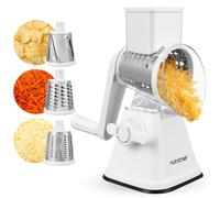 Nutrichef Râpe à Fromage 3 en 1 avec Base à Succion Forte - Râpeuse Rotative Manuelle avec Verrou de Sécurité, Manivelle et 3 Lames Tambour pour Râpage Fin, Moyen et en Bandes