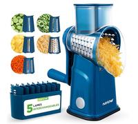 Nutrichef Râpe à Fromage 5 en 1 avec Base à Succion Forte - Râpeuse Rotative avec Verrou de Sécurité, Manivelle et 5 Lames Tambour pour Textures Fine, Moyenne, Épaisse, en Bandes et Tranches
