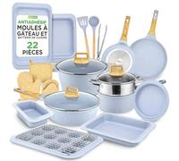 NutriChef Set 22 Pièces Cuisine & Pâtisserie - Marbre Gris Lunaire Antiadhésif, Ustensiles et Poêles Résistants à la Chaleur, Collection Pro