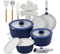 NutriChef Set Casseroles Poêles Antiadhésif 18 Pcs Empilable Céramique Bleu | Manches détachables · Compatible avec induction, gaz, vitro, four · Rangement compact · Lave-vaisselle · Revêtement résistant