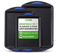 NutriChef Set de 3 Plaques de Cuisson en Acier au Carbone - Plaques à Pâtisserie Antiadhésives - Moules de Cuisson pour Four avec Poignées en Silicone - Empilable et Facile à Nettoyer - Bleu