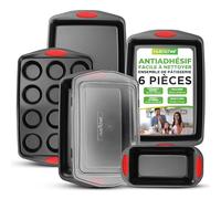 NutriChef Set de 6 Plaques de Cuisson en Acier Carbone - Revêtement Antiadhésif Noir Sans PFOA PFOS PTFE avec Poignées Silicone Rouges Empilables pour Pâtisserie et Biscuits