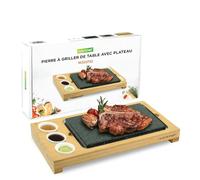 NutriChef Set de Cuisine Pierre Chaude - Grill de Table Granit avec Plateau Bambou 1 pièce Cuisson sans huile pour Viande Poisson Végétarien Intérieur Extérieur, Céramique Noire