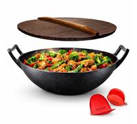 NutriChef Wok en Fonte-Pré-assaisonnée de 5,5 L - Poêle - Couvercle en Bois - Compatible avec Plaques de Cuisson Électriques et Induction - Grande Taille, Black