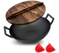 NutriChef Wok en Fonte-Pré-assaisonnée de 5,5 L-Poêle en Fonte Antiadhésive - Couvercle en Bois-Compatible avec Plaques de Cuisson Électriques et Induction-Grande Taille