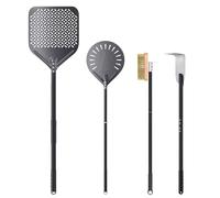 NUTUNI Lot de 4, pelle à pizza 30 cm x 35 cm, pelle à pizza en aluminium 23 cm bonne prise en main, râteau à cendres, brosse rotative réglable
