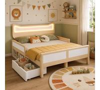 NuvlaGu Lit pour enfant 140 x 200 cm avec tête de lit oreilles de chat et LED RVB, lit en bois avec barrière de protection, tiroir et compartiment de rangement, montage à gauche/droite, lit pour