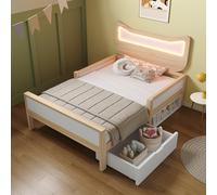 NuvlaGu Lit pour enfant 90 x 190 cm avec tête de lit oreilles de chat et LED RVB, lit en bois avec barrière de protection, tiroir et compartiment de rangement, montage à gauche/droite, lit pour