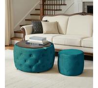 NuvlaGu Lot de 2 tabourets avec espace de rangement, repose-pieds en velours avec plateau en bois, pouf rond 4 en 1 avec espace de rangement, table d'appoint et tabouret, charge jusqu'à 200 kg (bleu +