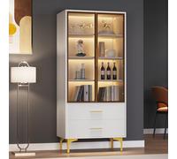 NuvlaGu Vitrine en verre blanche avec éclairage LED APP 70 x 35 x 150 cm, armoire vitrine avec portes en verre, pieds dorés et étagères réglables, armoire haute avec 2 tiroirs