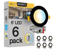 NUWATT Lot de 6 luminaires encastrés à DEL noirs ultra fins de 15,2 cm, 5 CCT 2700 K/3000 K/3500 K/4000 K/5000 K au choix, haute luminosité 1050 lumens, intensité variable, certifié IC, boîte J en