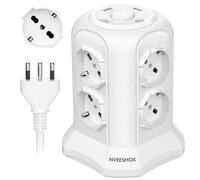 NVEESHOX Multiprise avec 8 prises universelles ITA 10/16 A et Schuko, 2 USB-C et 2 USB-A (20 W PD3.0), 4000 W/16 A, tour de protection surtension avec interrupteur, 2 m câble (blanc)